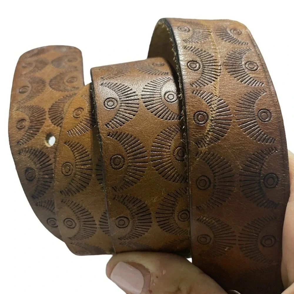 Western Tan Tooled‎ Leather Belt Silver Engraved Buckle Metal Tip Size S